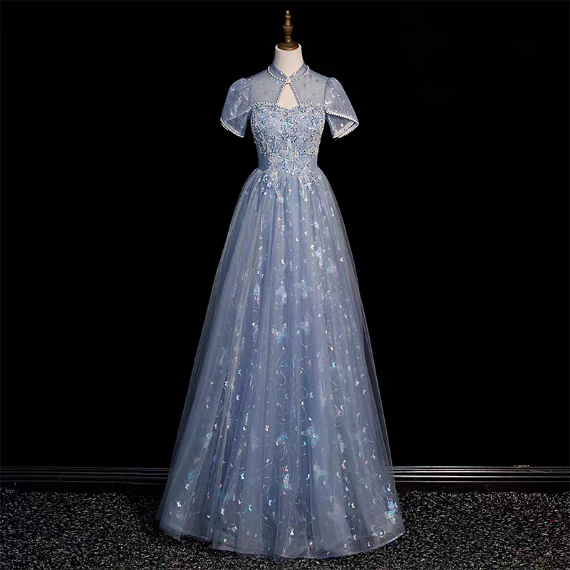 Ethnic Fashion Style - Elegante Vestido Azul para Actuaciones Escénicas,