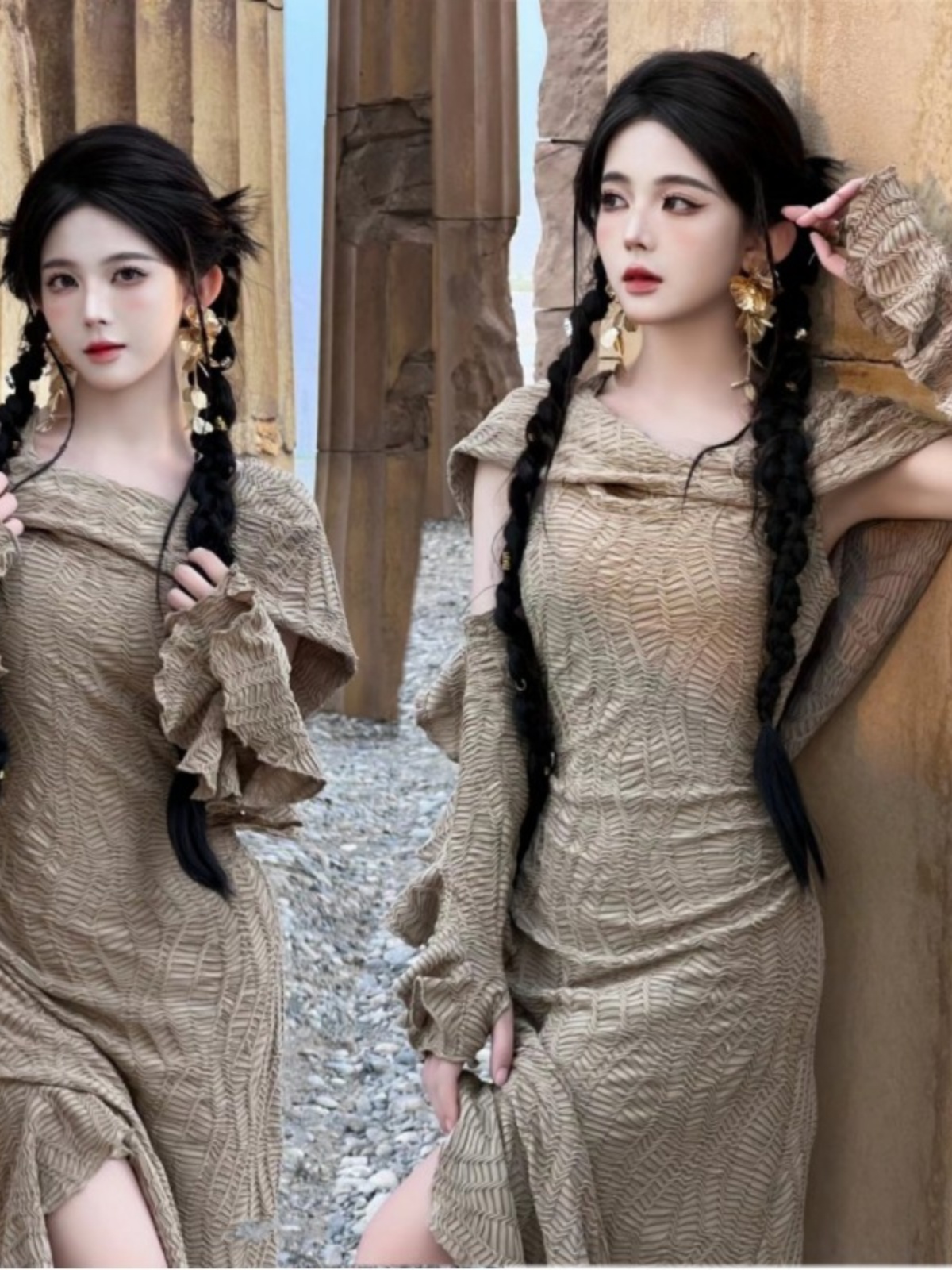 Ethnic Fashion Style - Vestido largo con temática de desierto,